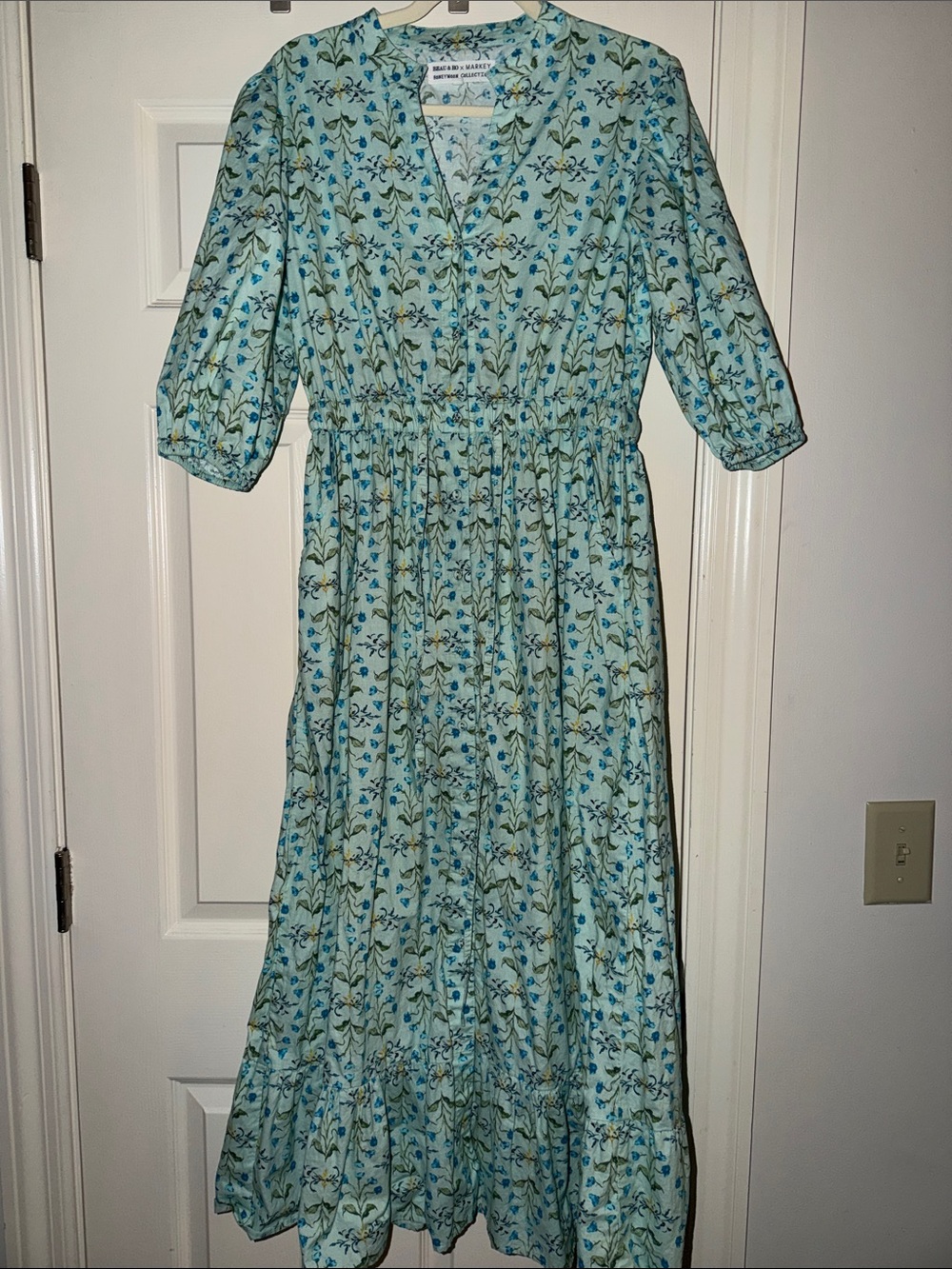 Beau & Ro x Markey Green Floral Print Yellow/Blue Puff SleeveMaxi Dress, Size XL